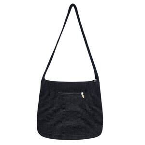 THE SAK BLACK CROCHET SHOULDER BAG PURSE – ZIP TOP / POCKETS - 13" x 11" - BOHO